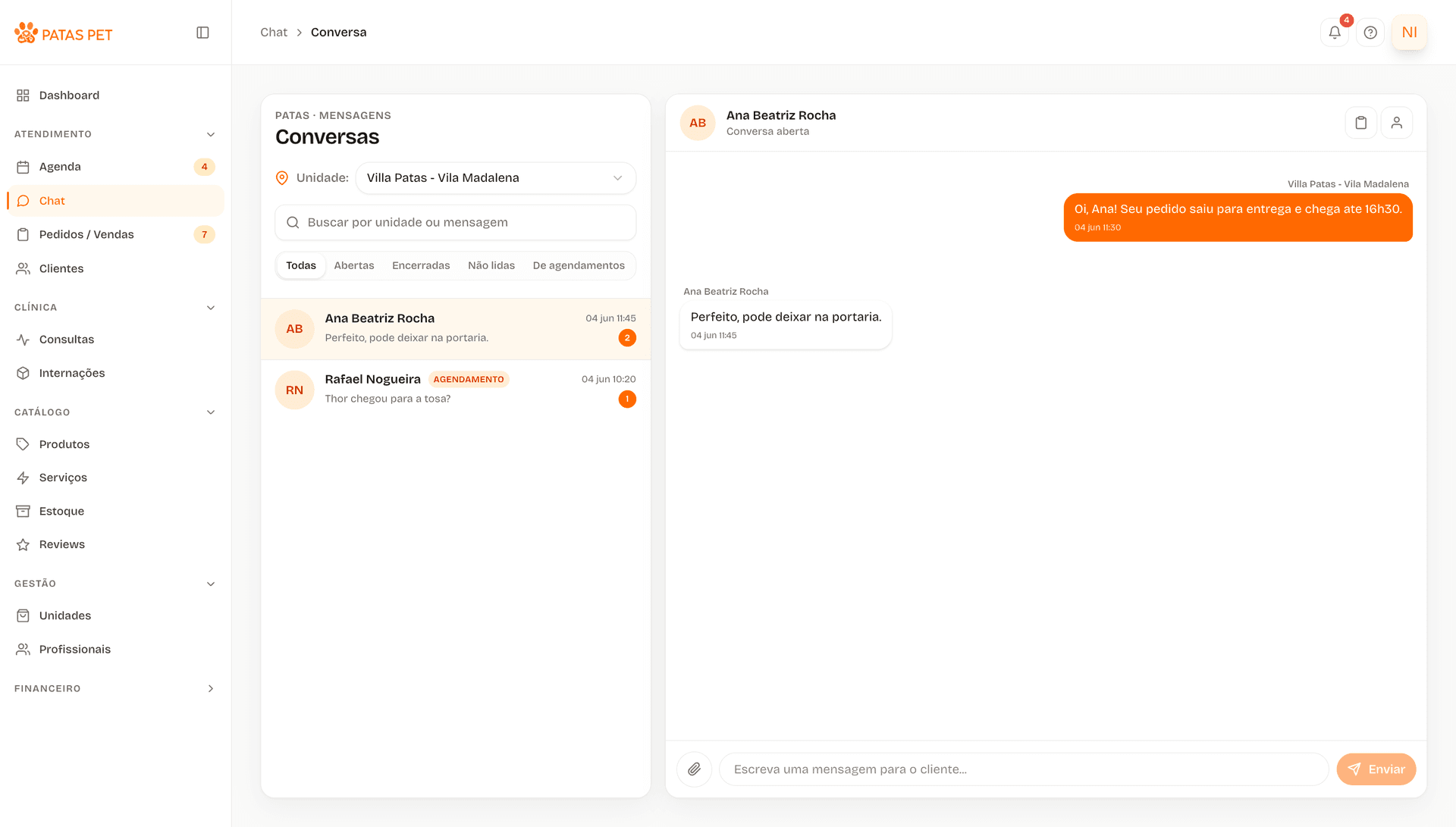 Conversa com o tutor e contexto de pet, pedidos e agenda