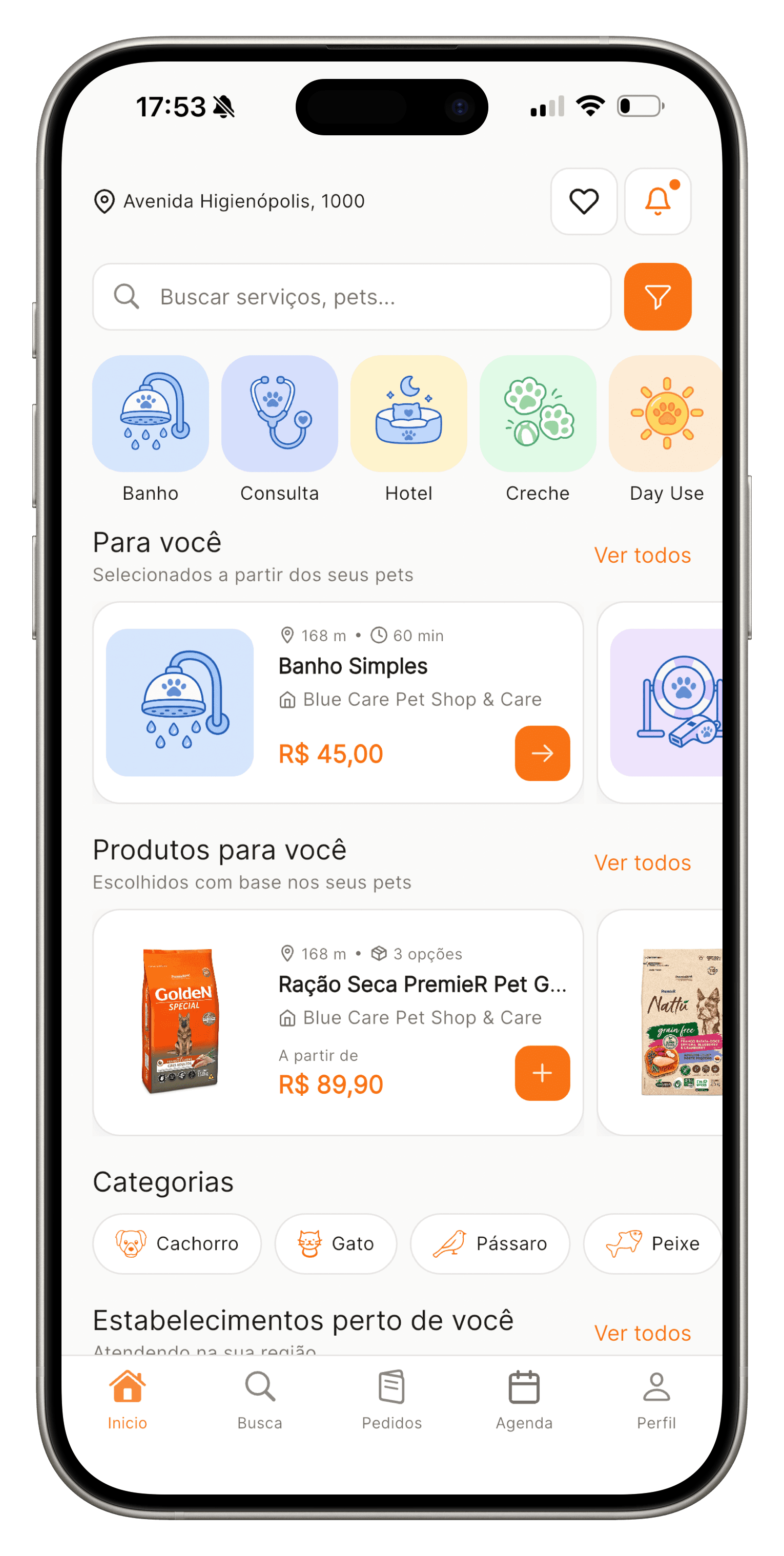 Prévia da tela inicial do app do tutor no Patas Pet