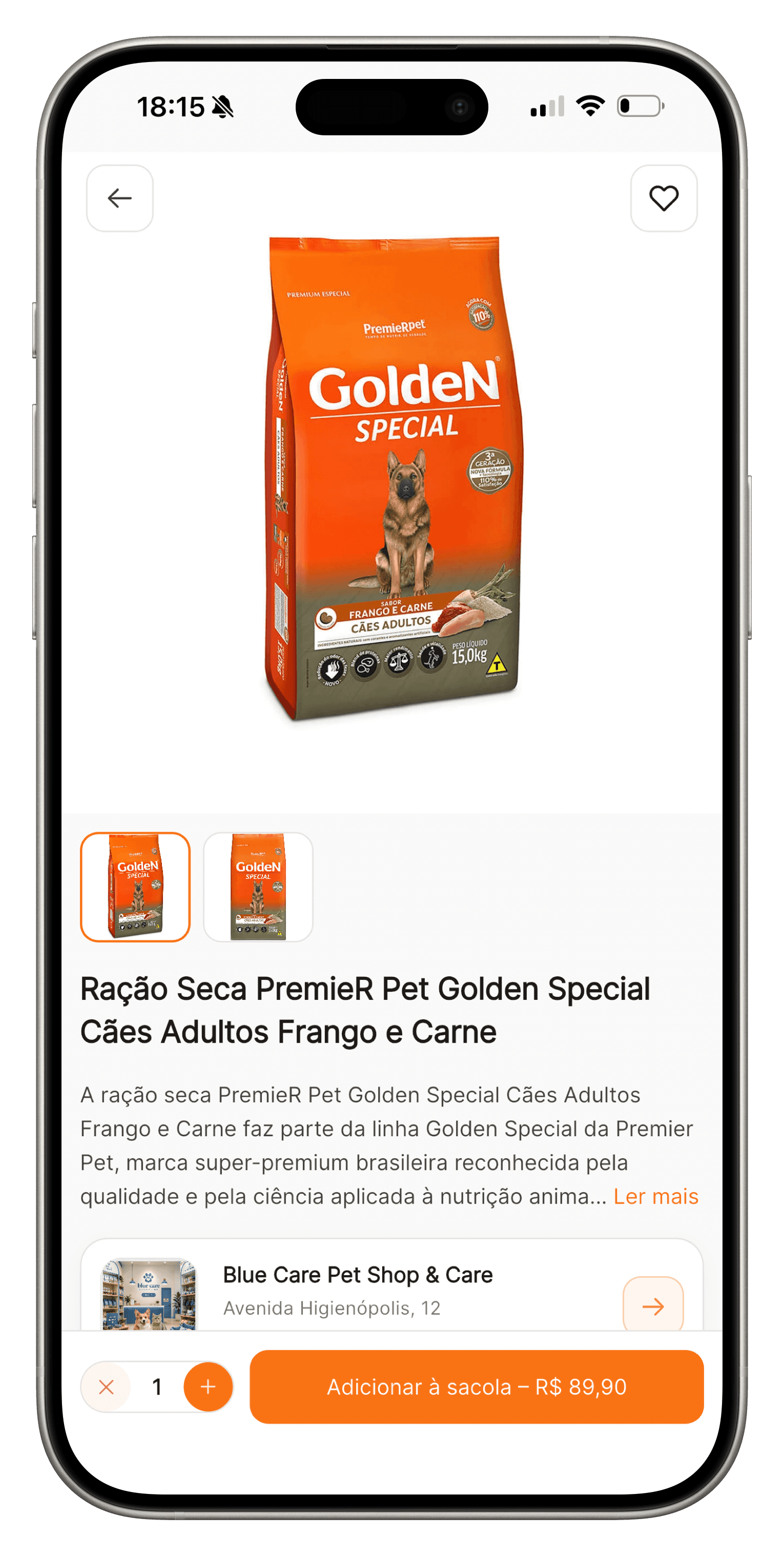 Tela do app com produto, preço e detalhes para compra