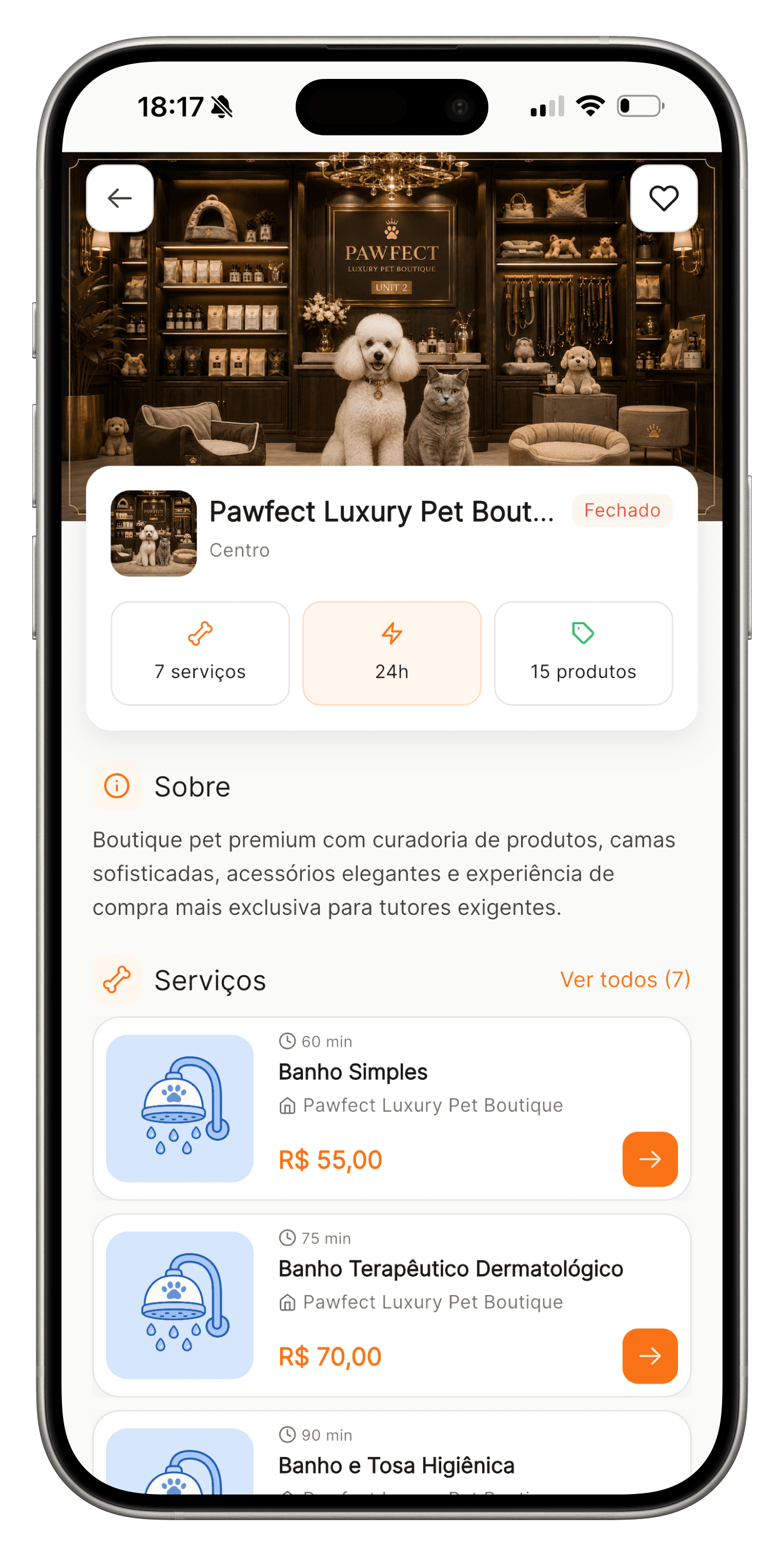 Página pública da unidade no app do tutor