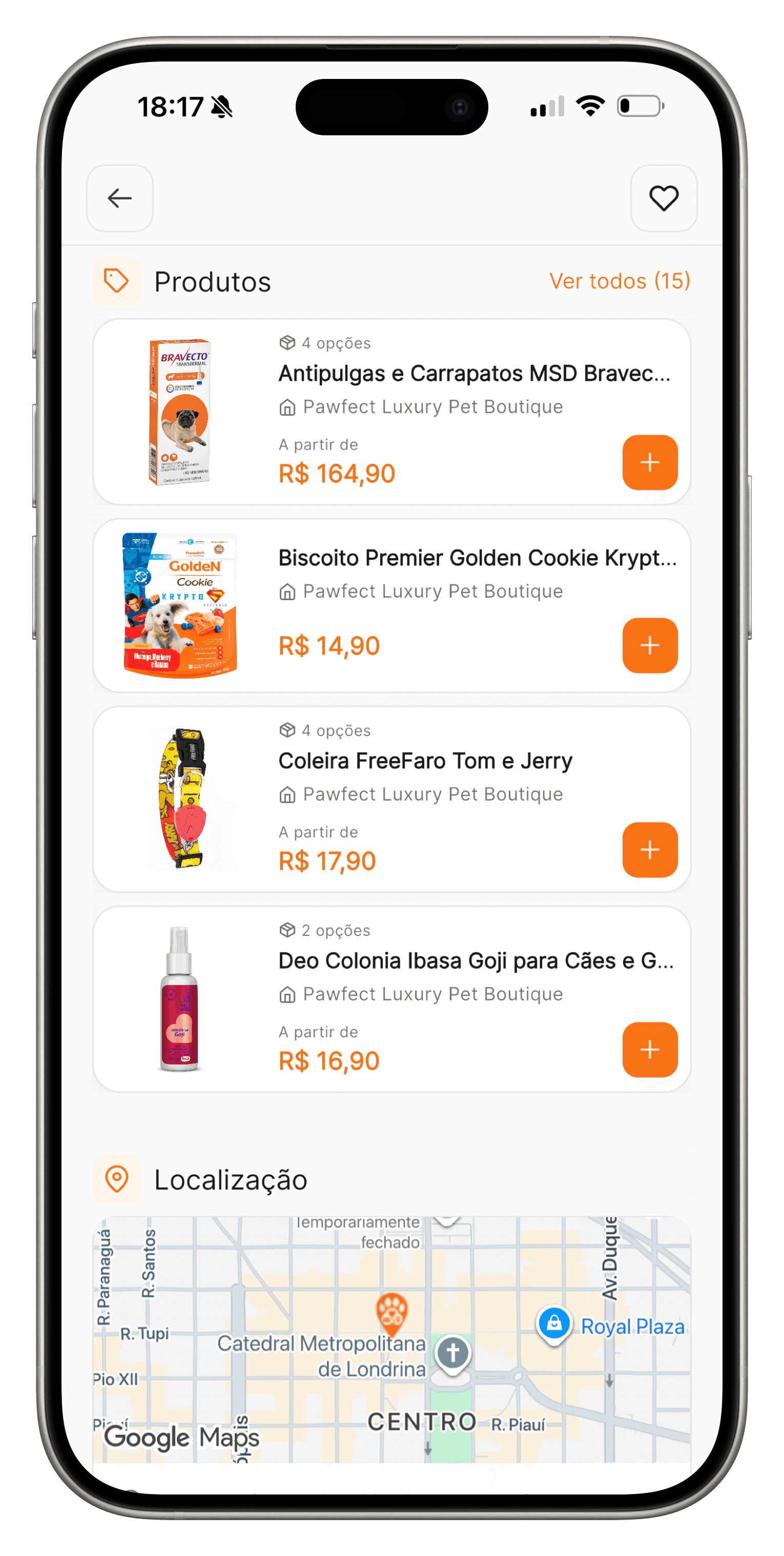 Vitrine de produtos e serviços na página pública da unidade
