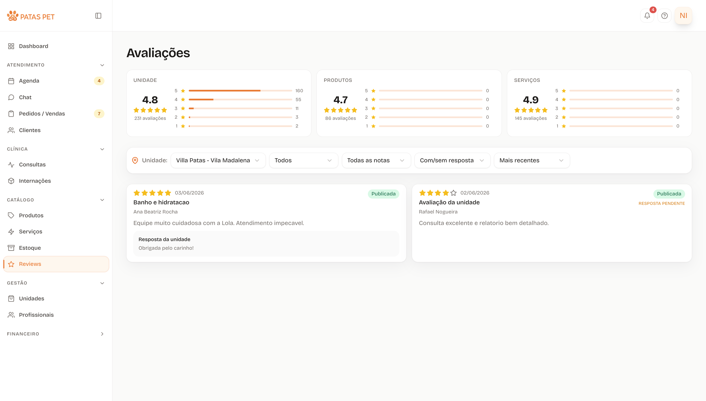 Feed de avaliações de produtos, serviços e unidades