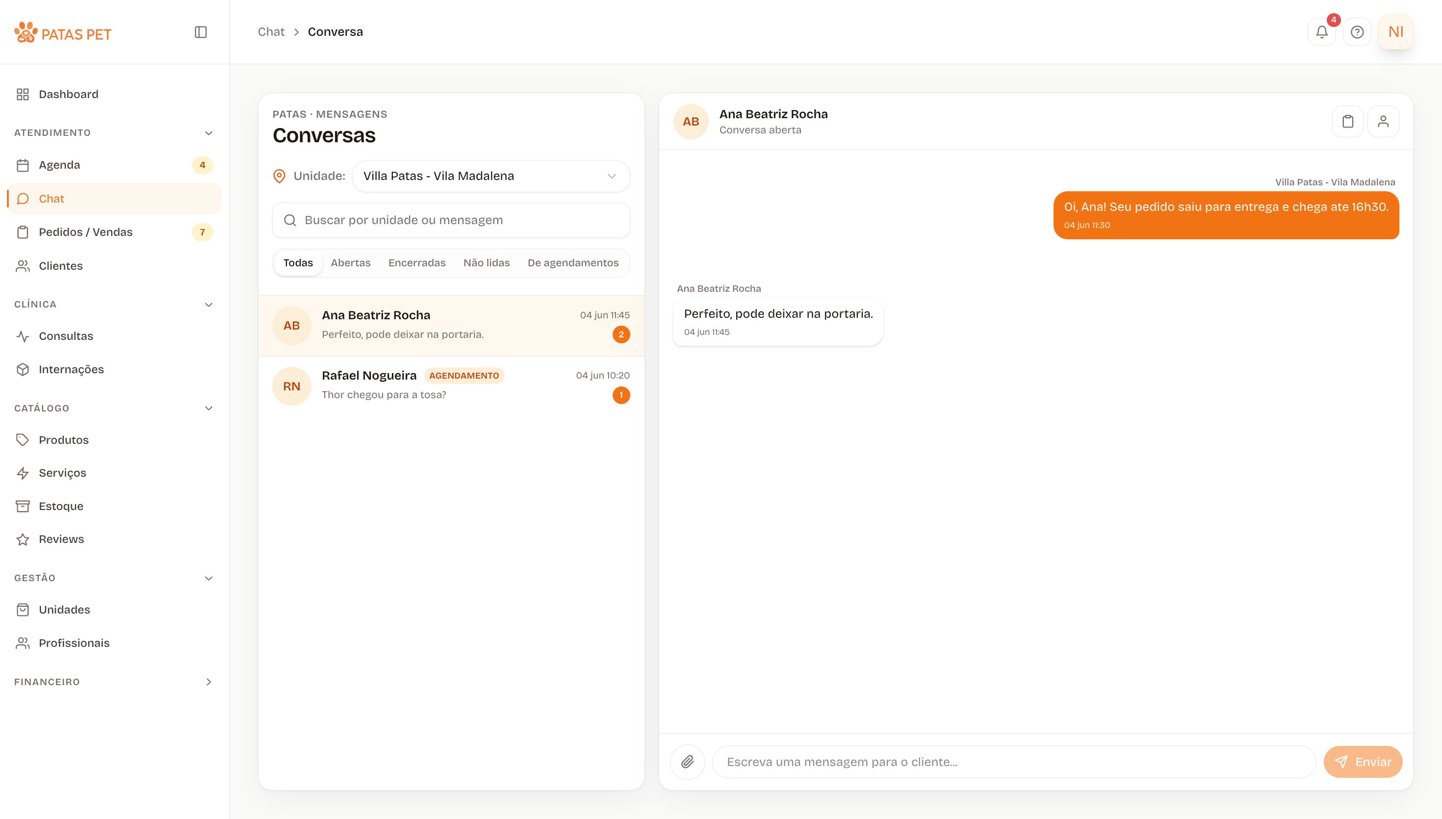 Conversa com o tutor e contexto de pet, pedidos e agenda