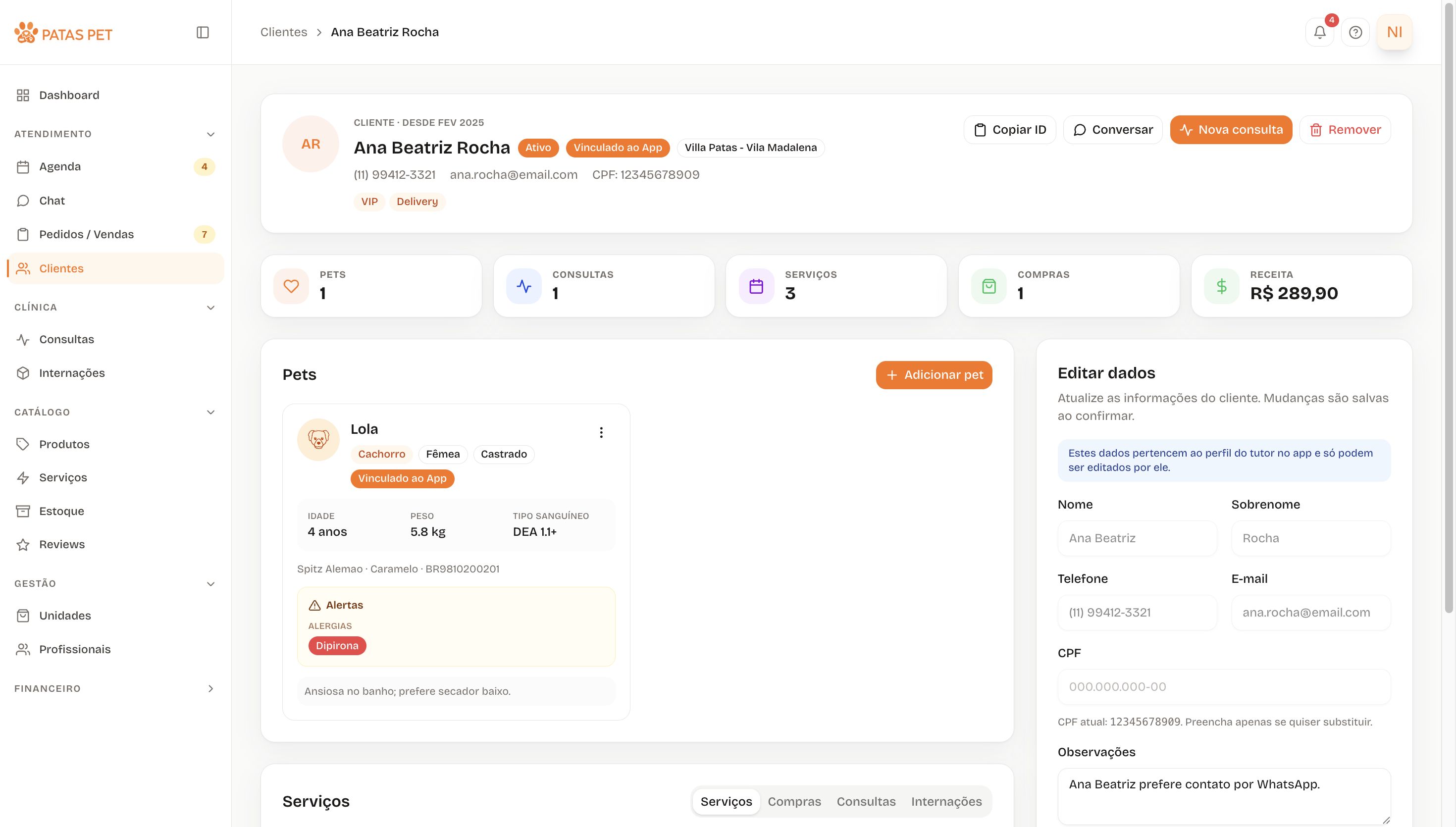 Ficha do tutor com histórico e pets vinculados