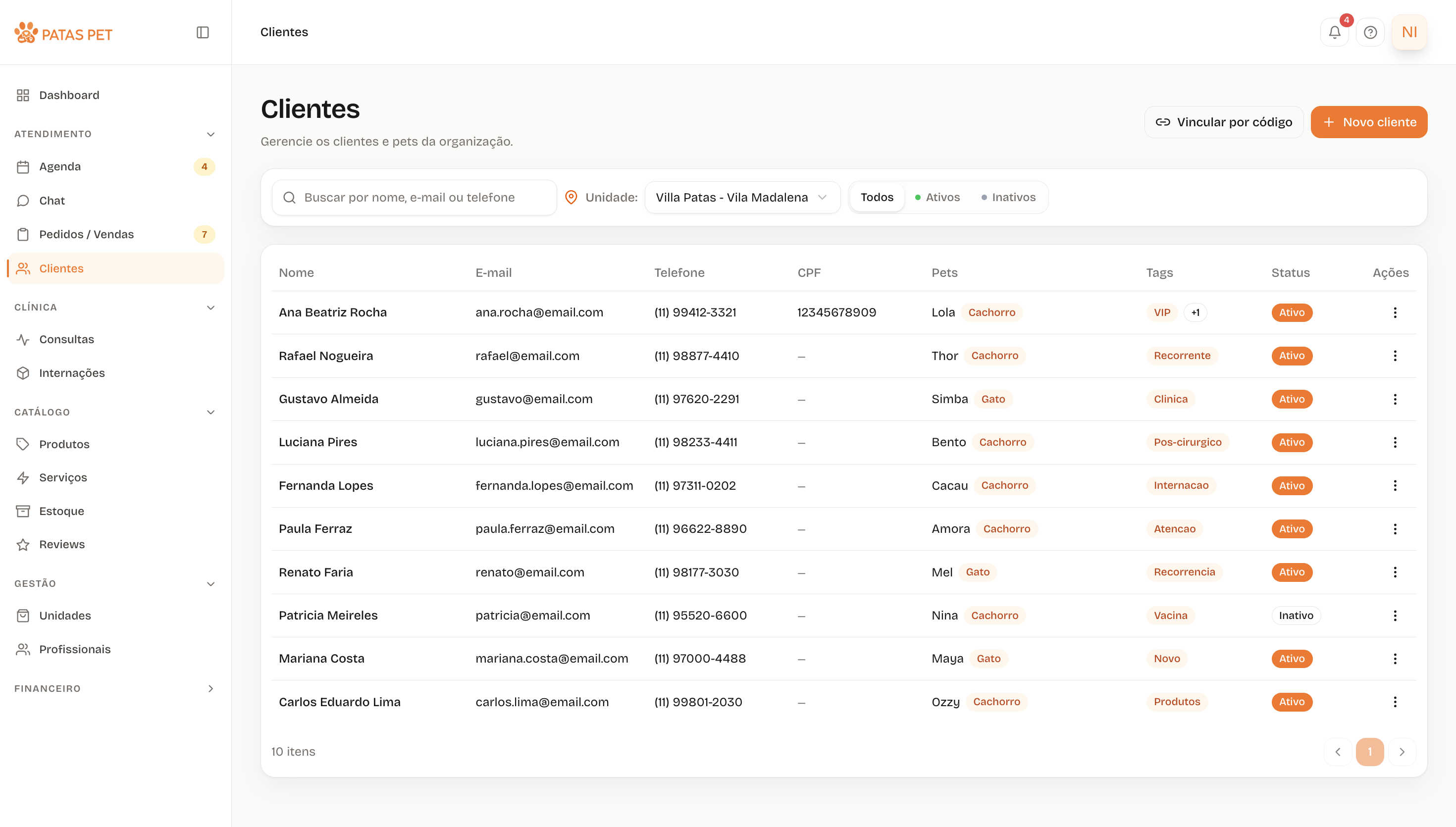 Lista de clientes com tutor, pets e contexto de atendimento