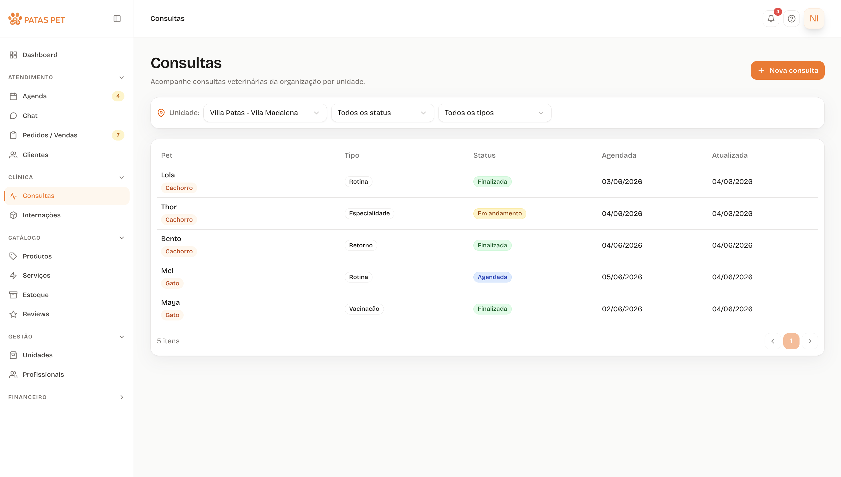 Lista de consultas com profissional e status