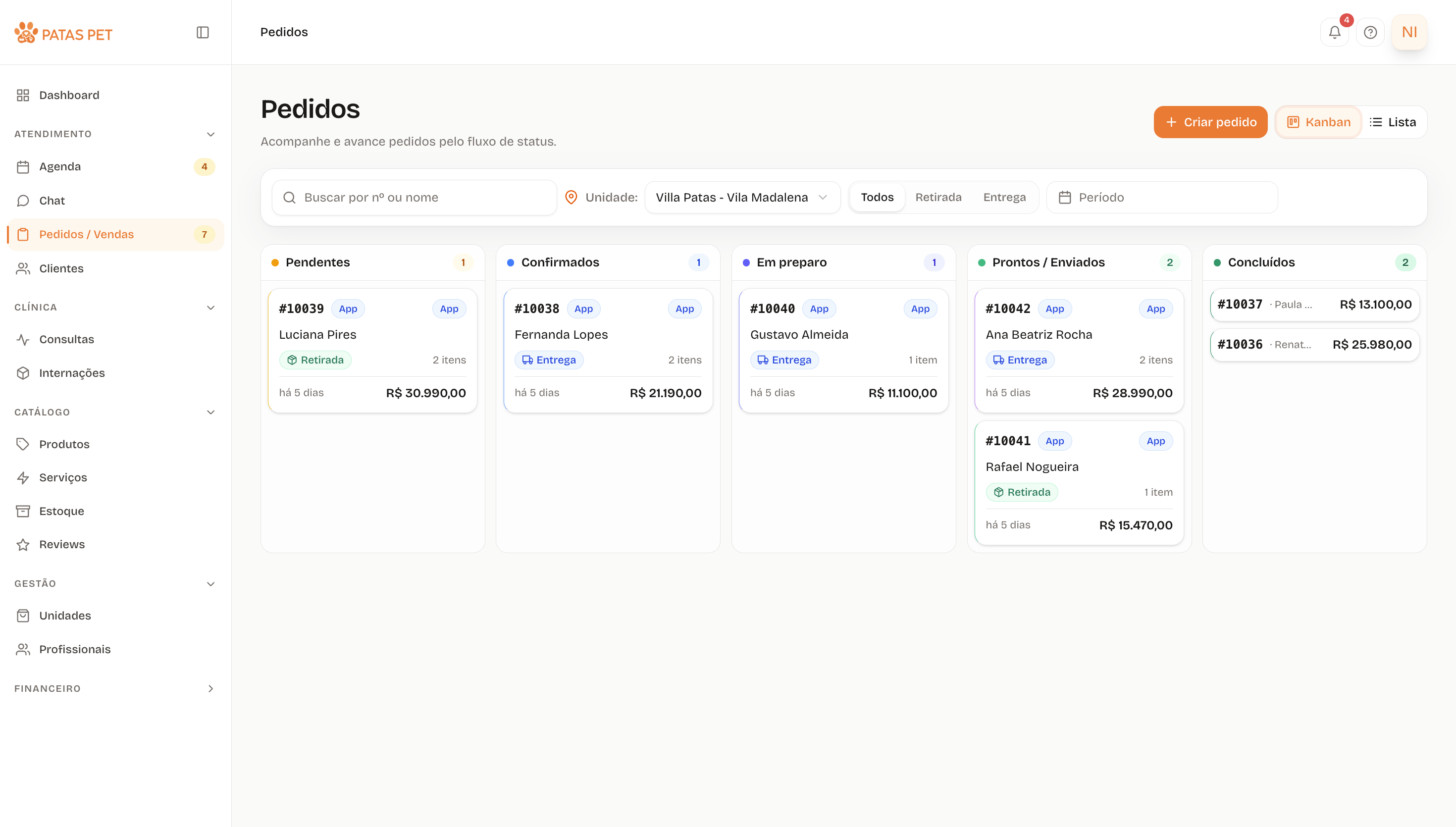 Kanban de pedidos do recebido à entrega