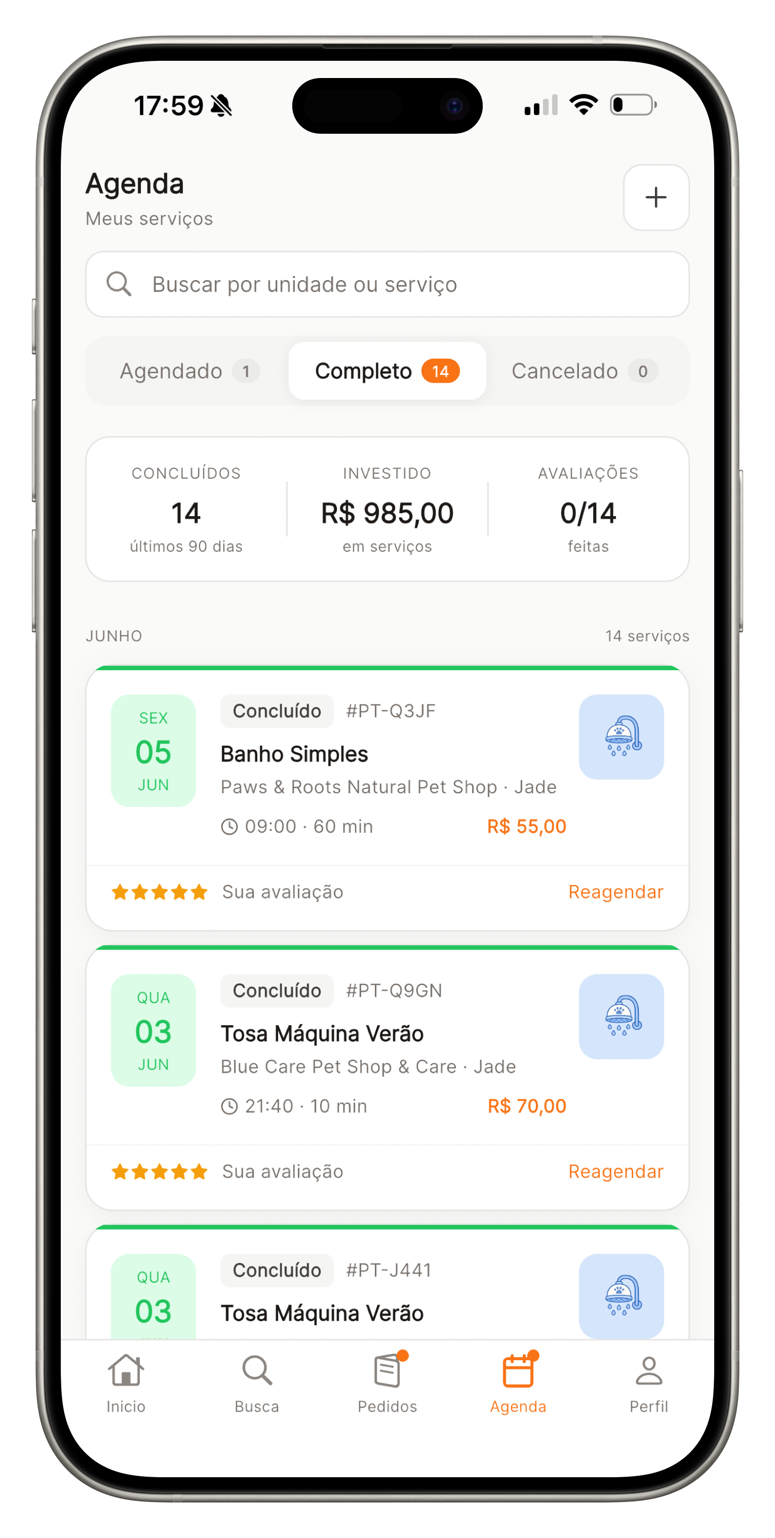 Tela de agenda do app com serviços agendados, confirmados e horários