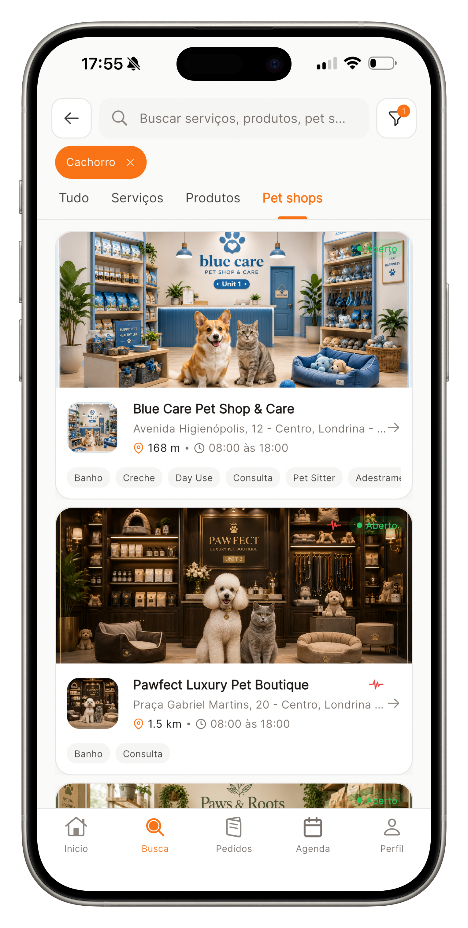 Tela de busca do app com pet shops e clínicas próximos ao tutor