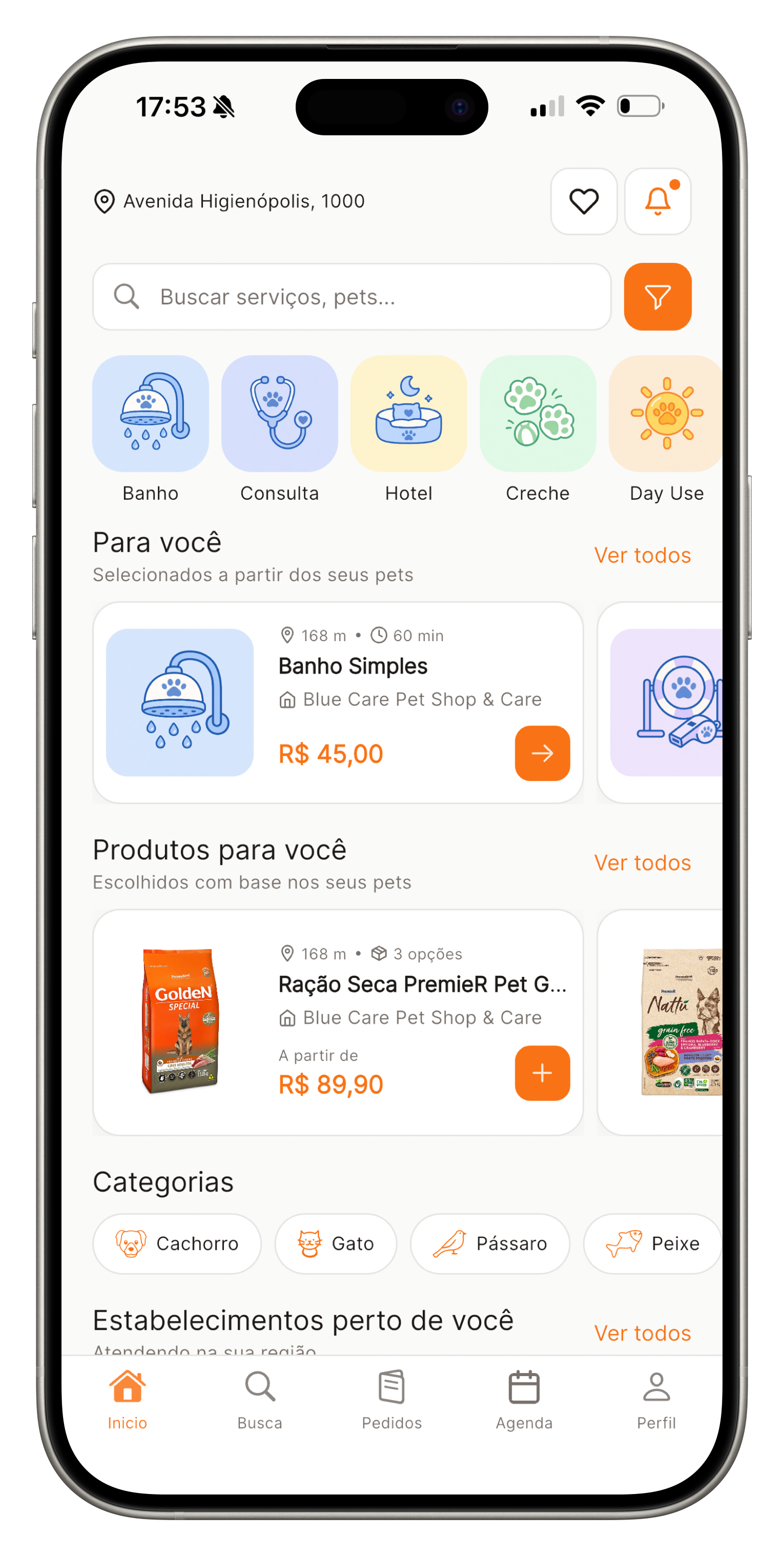Tela inicial do app do tutor com busca, serviços e produtos recomendados