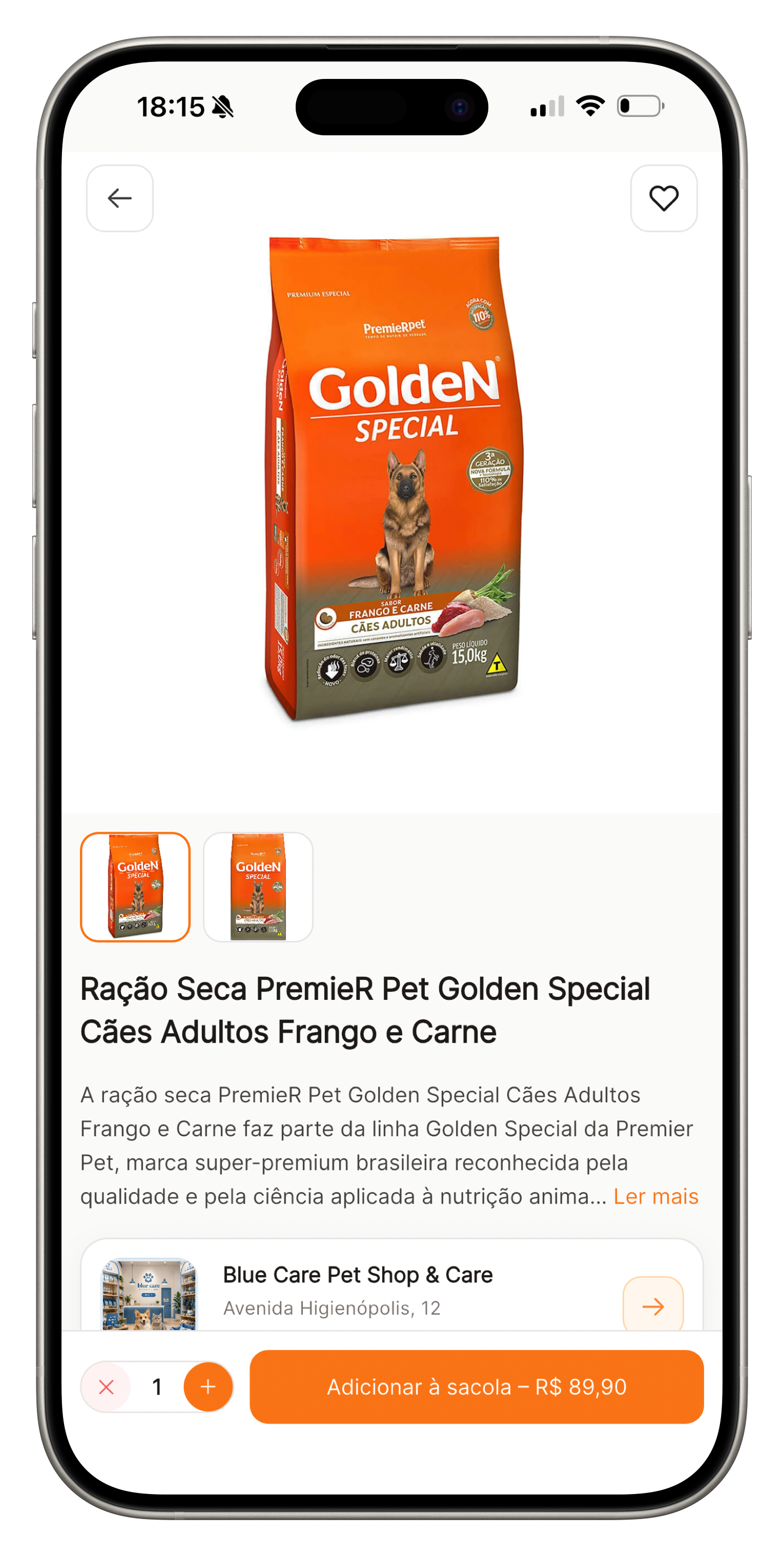 Tela de produto no app com fotos, descrição, preço e botão de compra